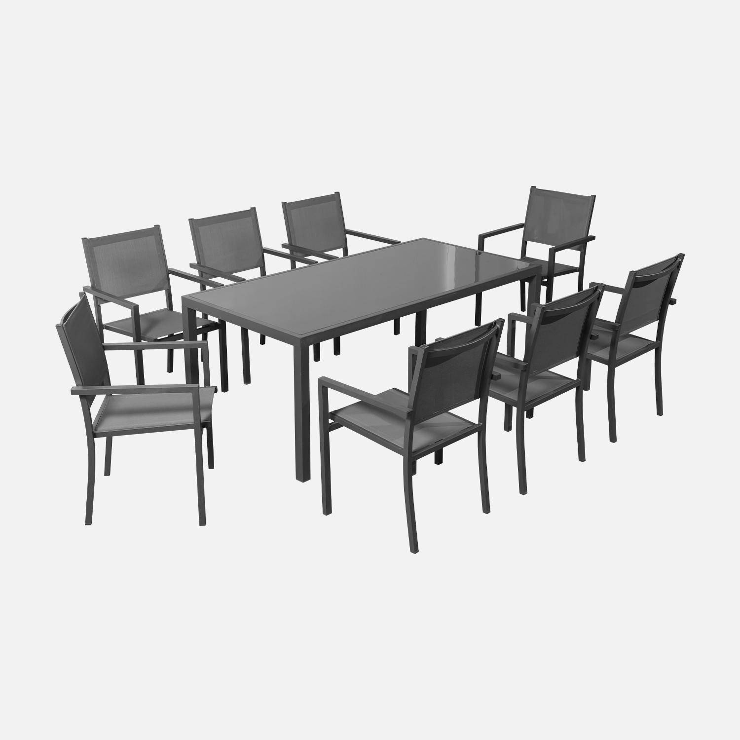 Gartengarnitur aus Aluminium und Textilene - Capua 180 cm - Anthrazit, grau - 8 Plätze - 1 großer rechteckiger Tisch, 8 stapelbare Sessel Photo2