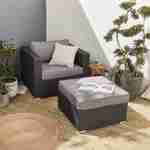 Gartenmöbel - Sessel + Hocker aus Kunststoffrattan - Schwarz, graue Kissen Photo1