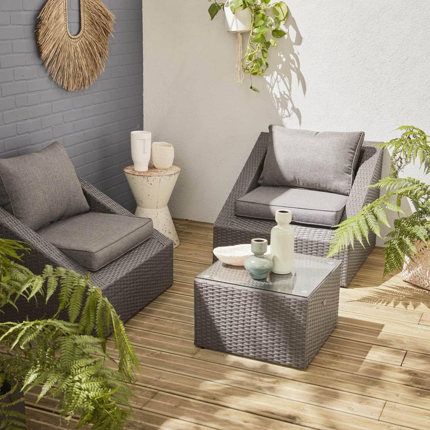 Sitzgarnitur für den Garten 2 Sitze - Triangolo - graues Kunststoffrattan, graue Kissen, Stühle + 1 Couchtisch, stapelbar Photo1