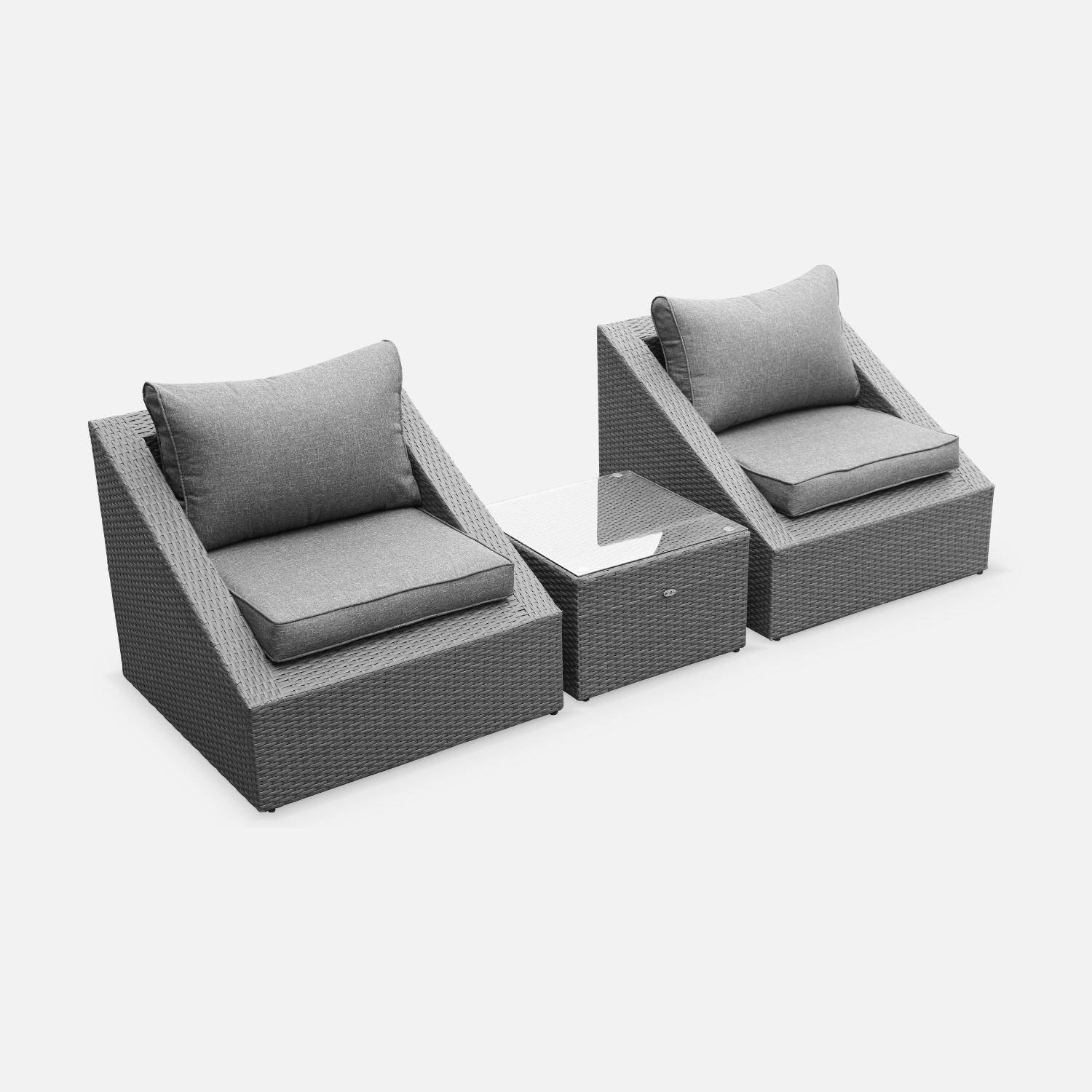 Sitzgarnitur für den Garten 2 Sitze - Triangolo - graues Kunststoffrattan, graue Kissen, Stühle + 1 Couchtisch, stapelbar Photo2