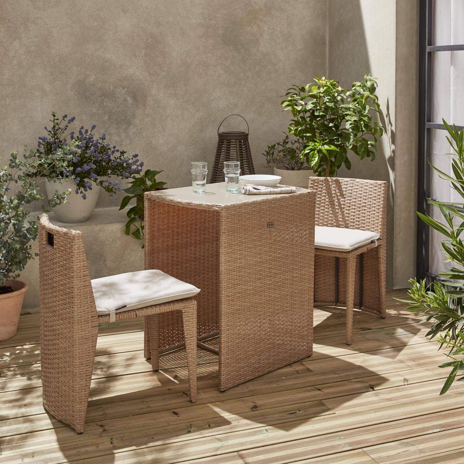 Mesa de jardín de resina tejida - Doppio - Natural, cojines beige - 2 asientos, empotrados, para balcón o terraza pequeña Photo1