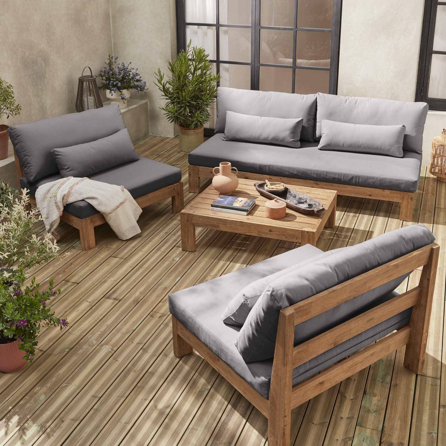  Conjunto de móveis de jardim XXL em madeira escovada, efeito branqueado - BAHIA - almofadas antracita, ultra confortáveis, 5 a 7 lugares  Photo1