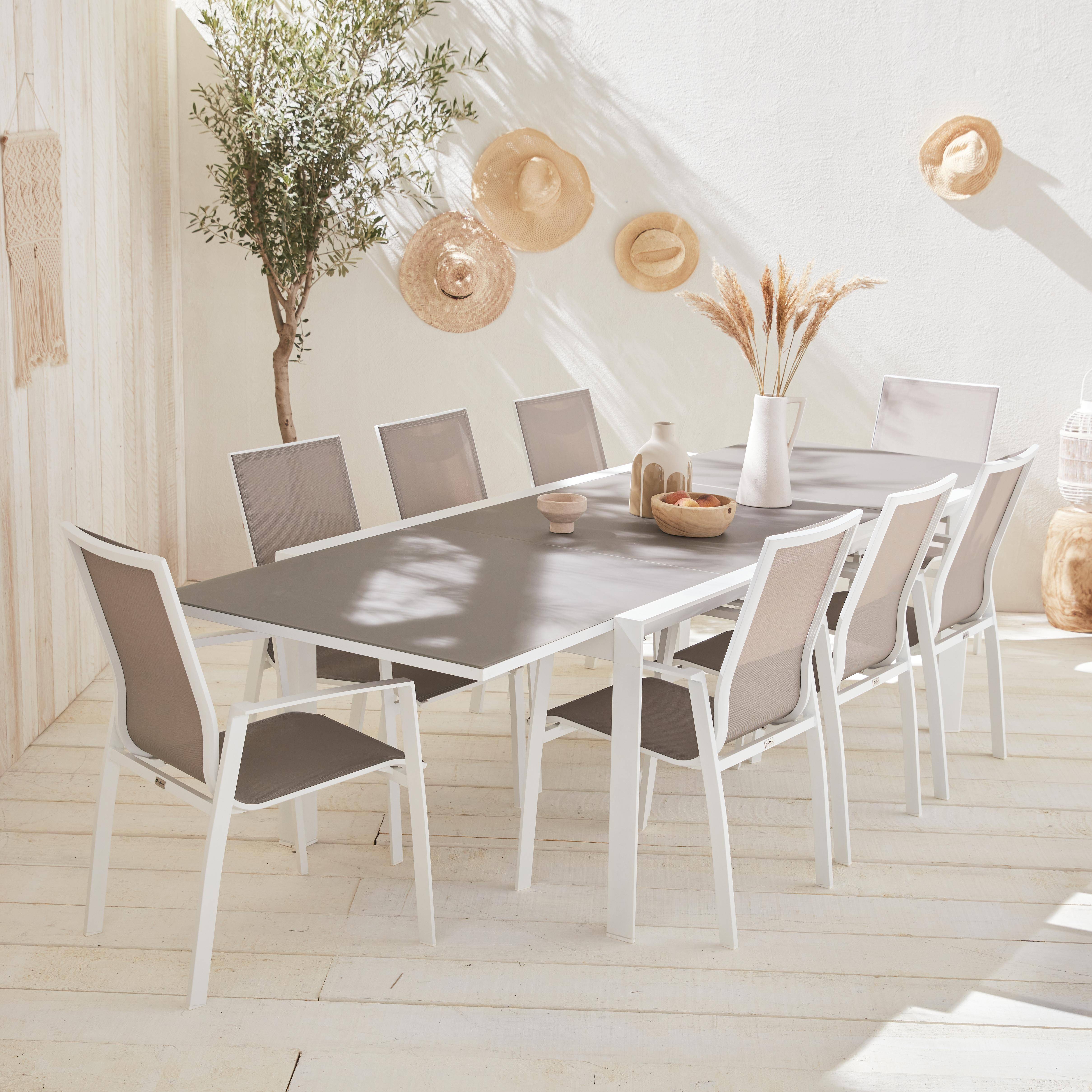 Conjunto de jardín con mesa extensible - Mesa de aluminio de 200/300 cm con tapa de cristal esmerilado, extensión y 8 sillas textileno Photo1