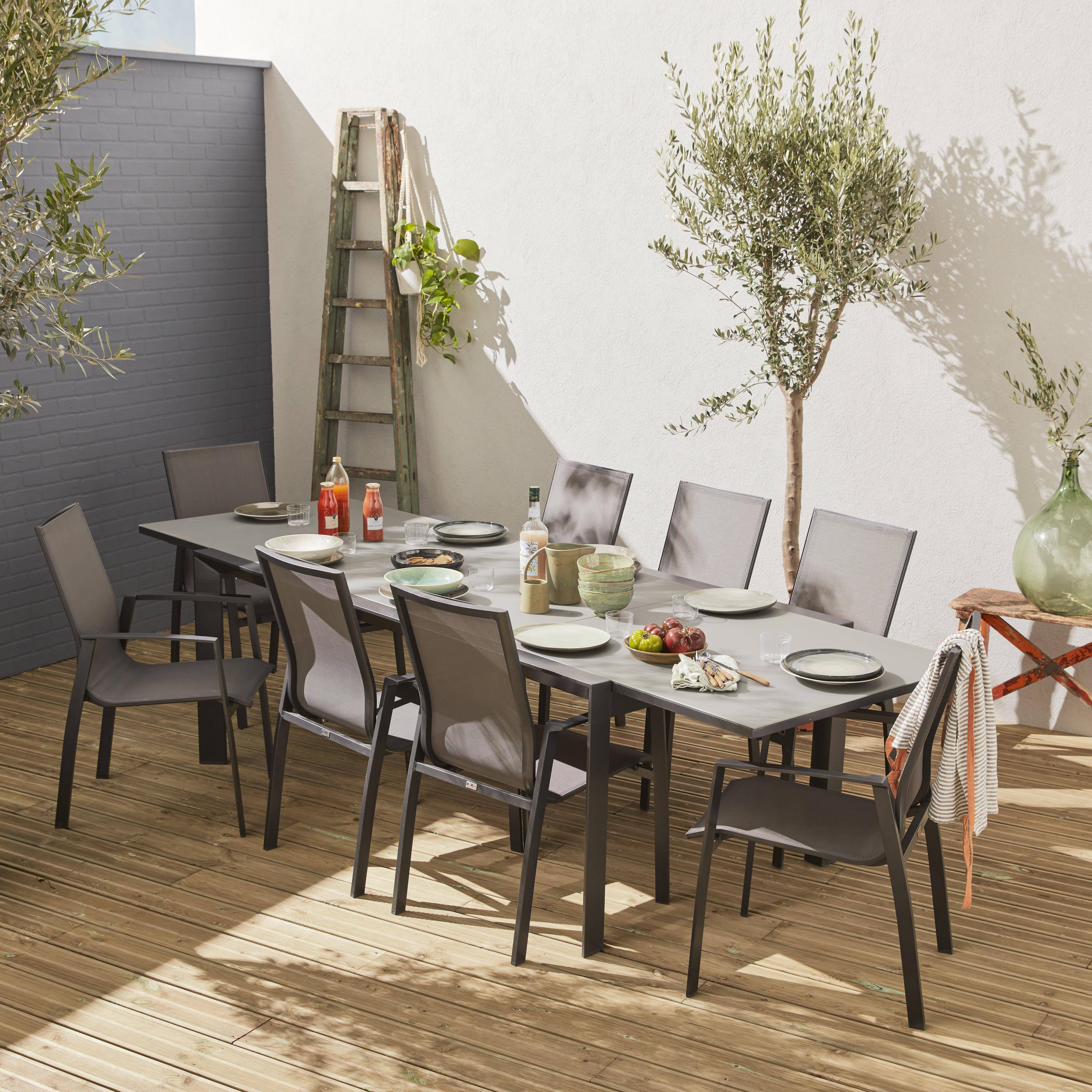 Ausziehbarer Tisch Gartengarnitur - Washington Dunkelgrau - Aluminiumtisch 200/300 cm, Milchglasplatte, ausziehbar 8 Sitze aus Textilene Photo1