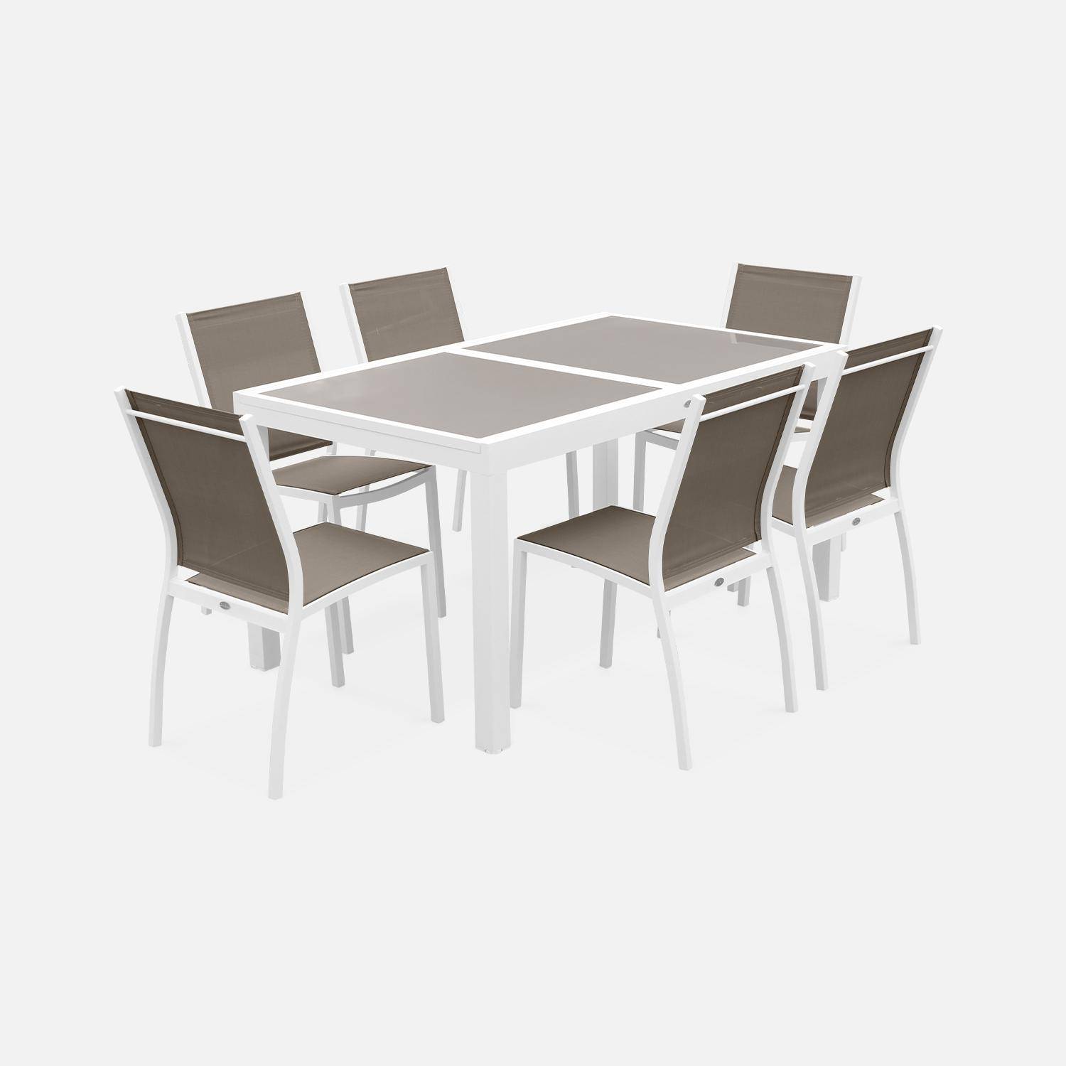 Mesa extensível para mobiliário de jardim - Orlando Taupe - mesa em alumínio de 150/210 cm, tampo de vidro, folha extensível e 6 cadeiras em textilene Photo3