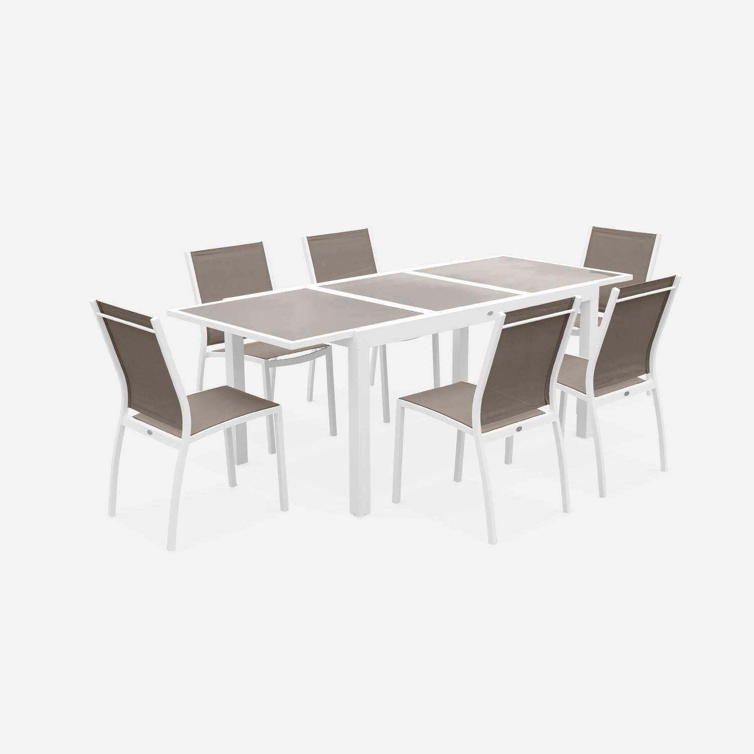 Mesa extensível para mobiliário de jardim - Orlando Taupe - mesa em alumínio de 150/210 cm, tampo de vidro, folha extensível e 6 cadeiras em textilene Photo2