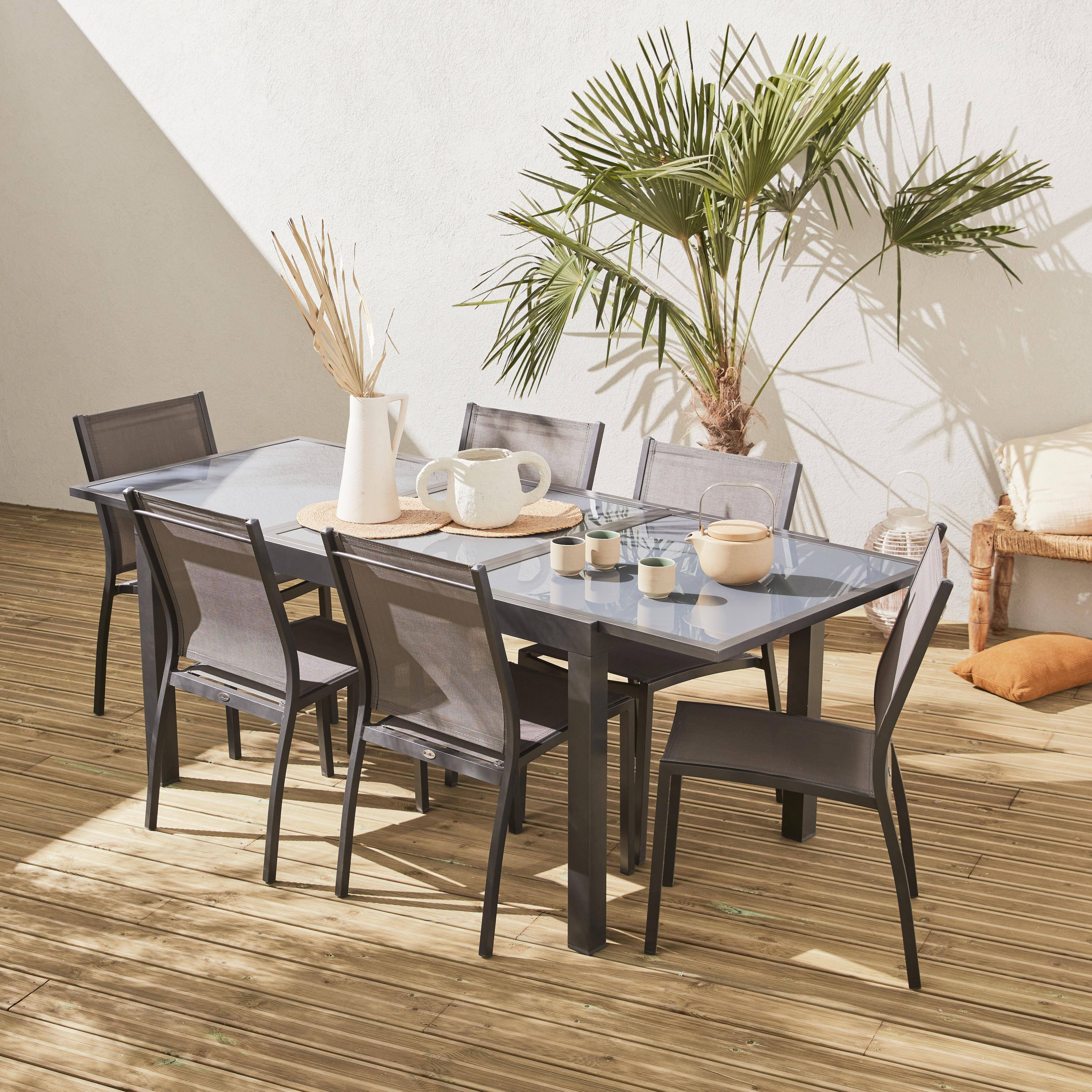 Salon de jardin table extensible - Orlando Gris taupe - Table en aluminium 150/210cm, plateau de verre, rallonge et 6 chaises en textilène Photo1