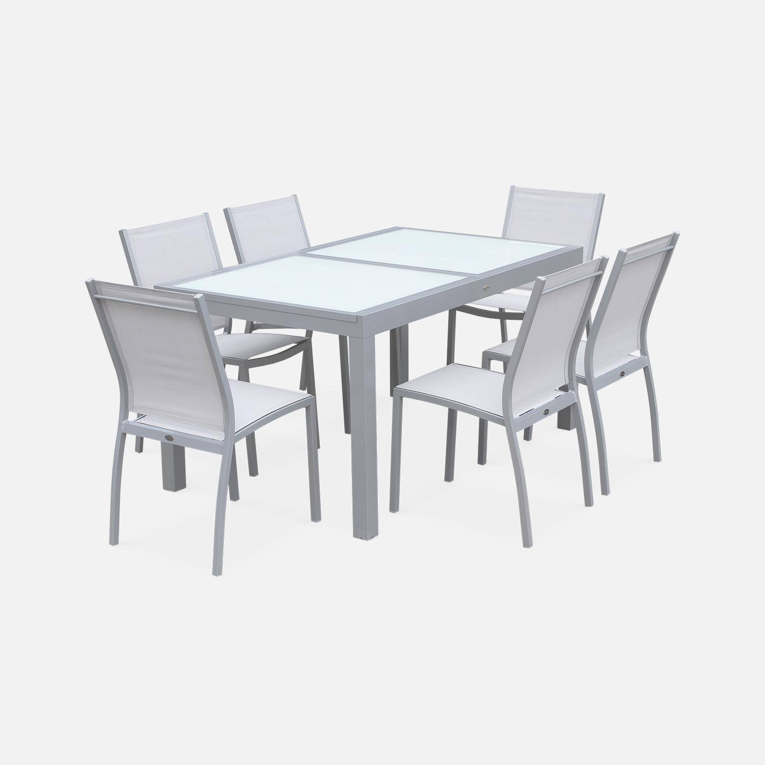 Salon de jardin table extensible - Orlando Gris clair - Table en aluminium 150/210cm, plateau de verre, rallonge et 6 chaises en textilène Photo6