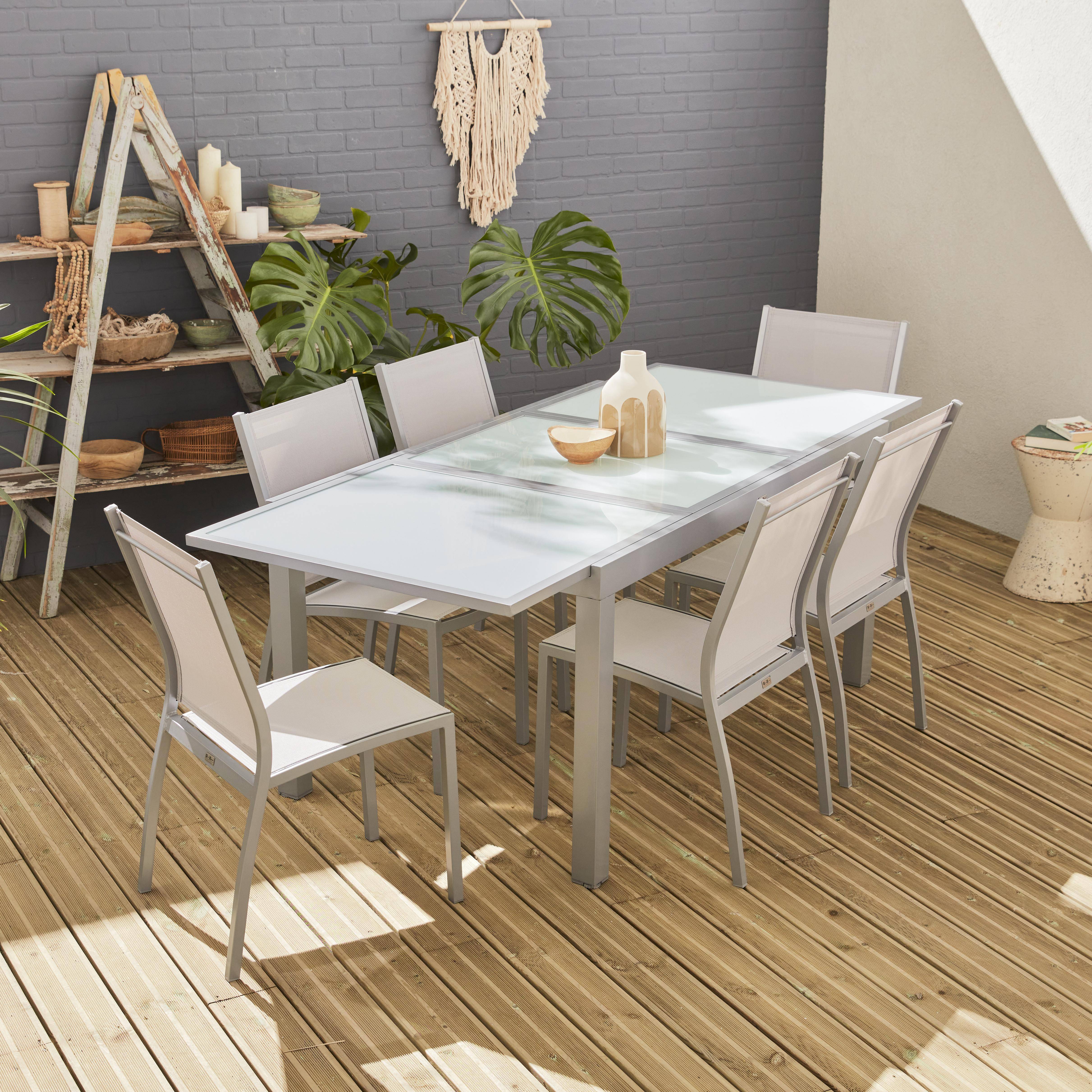 Salon de jardin table extensible - Orlando Gris clair - Table en aluminium 150/210cm, plateau de verre, rallonge et 6 chaises en textilène Photo1