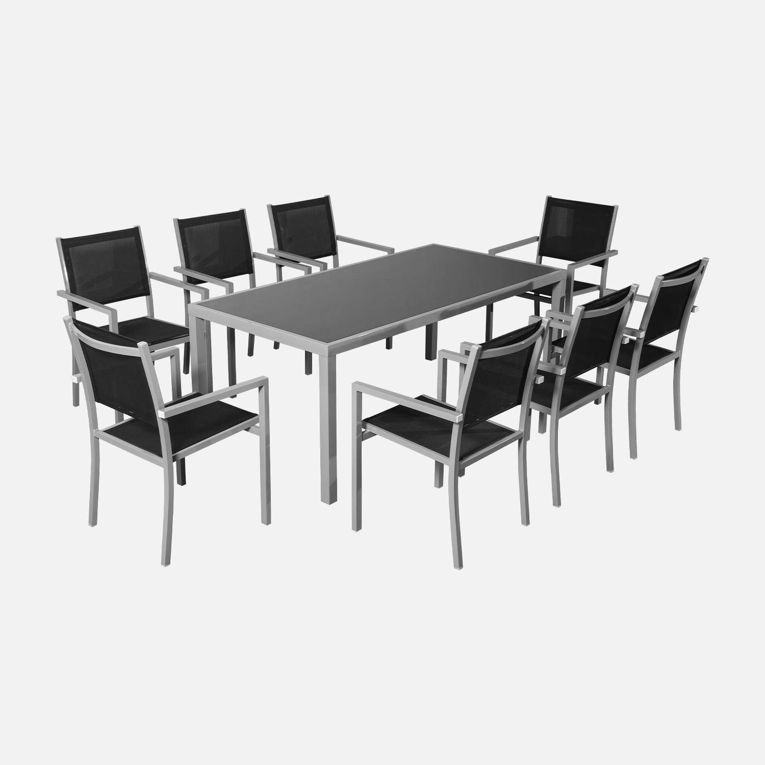 Comedor de jardin, conjunto de mesa y sillas de aluminio y textileno - Gris / negro - 8 plazas - CAPUA 180 Photo2