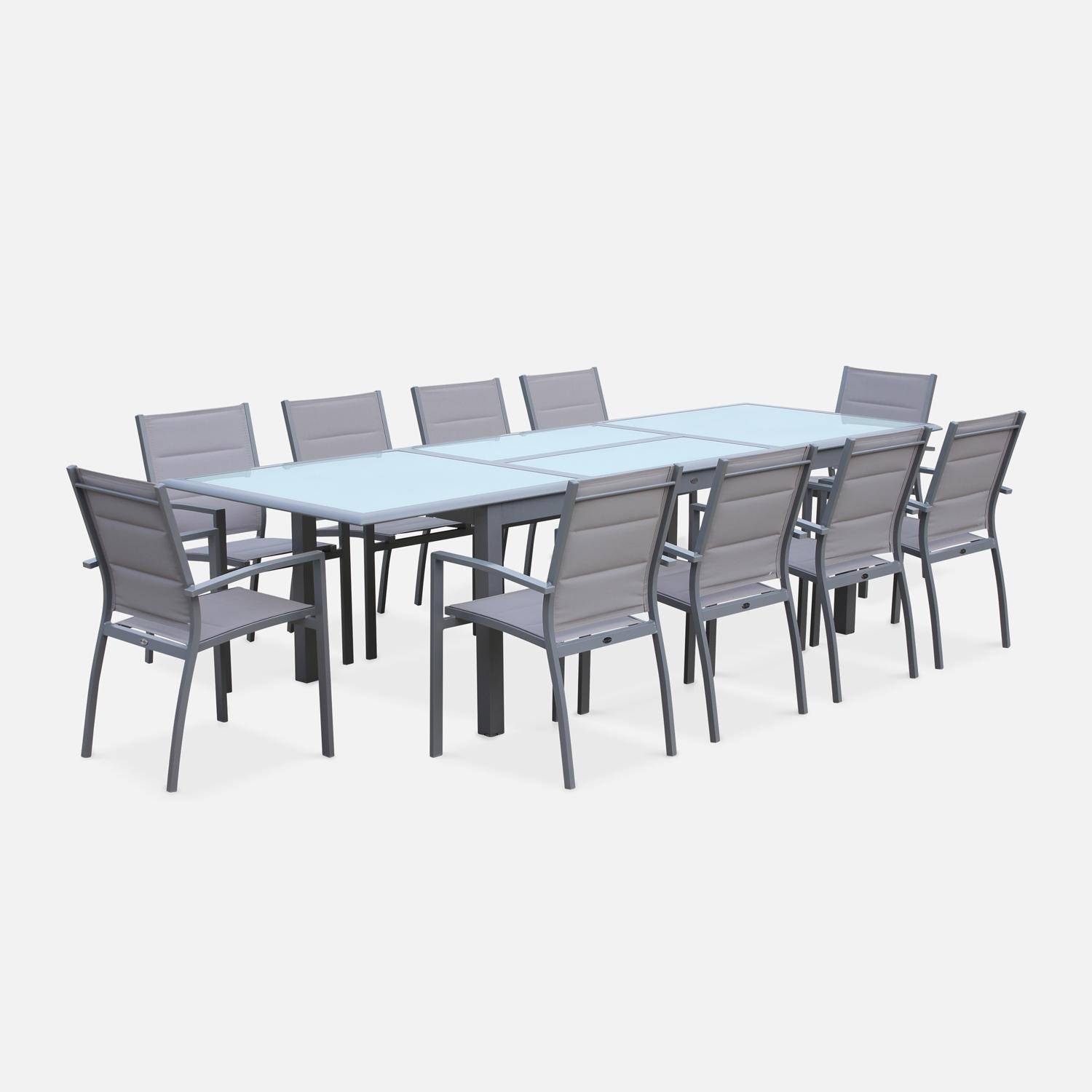 Ausziehbarer Tisch Gartengarnitur - Philadelphie Hellgrau - Aluminiumtisch 200/300 cm, Glasplatte, Verlängerung, 8 Sitze aus Textilene Photo3
