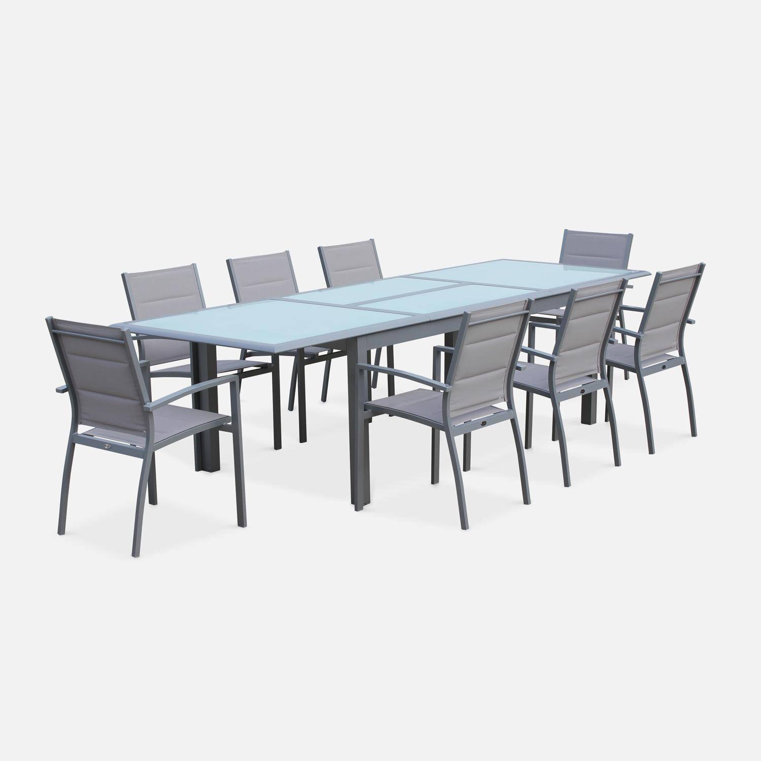 Salon de jardin table extensible - Philadelphie Gris clair - Table en aluminium 200/300cm, plateau de verre, rallonge et 8 fauteuils en textilène Photo1