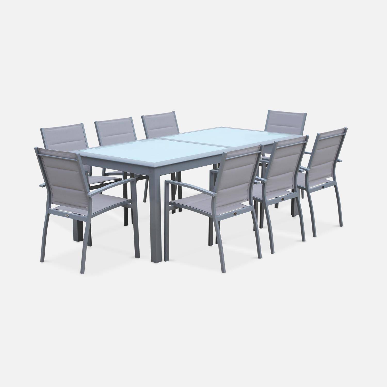 Set da giardino con tavolo allungabile - modello: Philadelphie, colore: Grigio chiaro - Tavolo in alluminio, dimensioni: 200/300cm, ripiano in vetro, prolunga e 8 poltrone in textilene Photo2