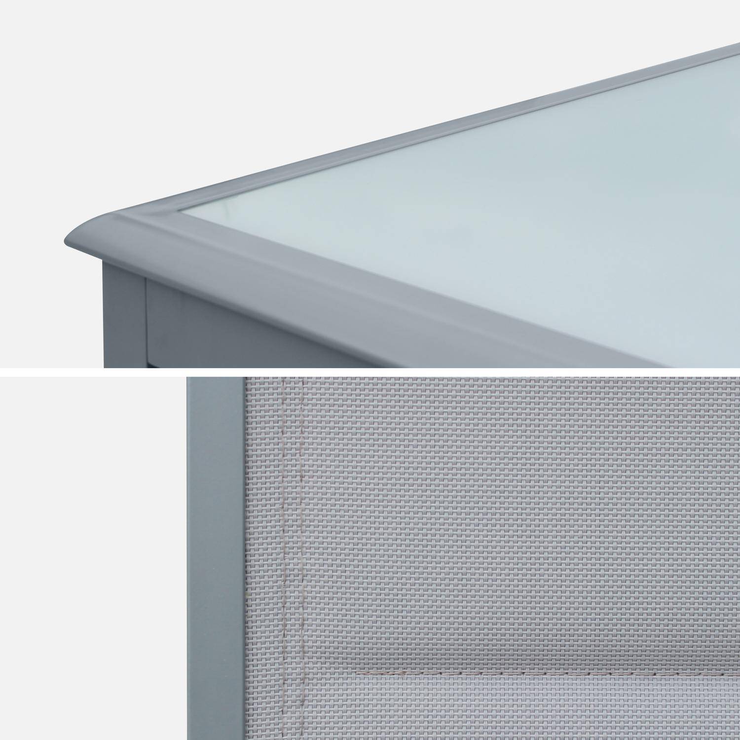 Ausziehbarer Tisch Gartengarnitur - Philadelphie Hellgrau - Aluminiumtisch 200/300 cm, Glasplatte, Verlängerung, 8 Sitze aus Textilene Photo6