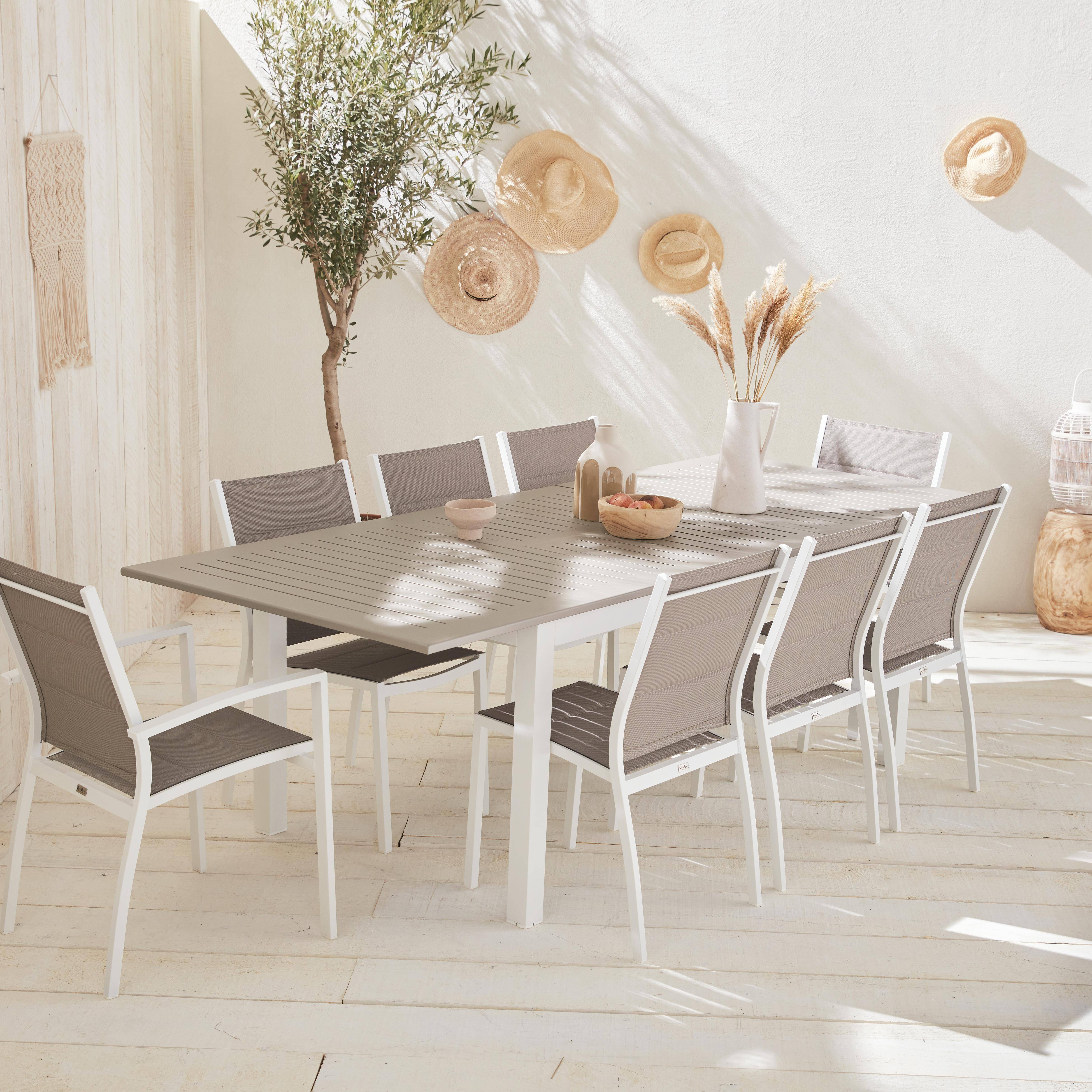 Gartengarnitur - Chicago Weiß/Taupe - Ausziehbarer Tisch175/245 cm mit Verlängerung und 8 Sitzen aus Textilene Photo1