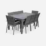 Chicago set, 1 tafel met een verlengstuk, Hout effect,  2 fauteuils, 6 stoelen uit aluminium en textileen Photo7