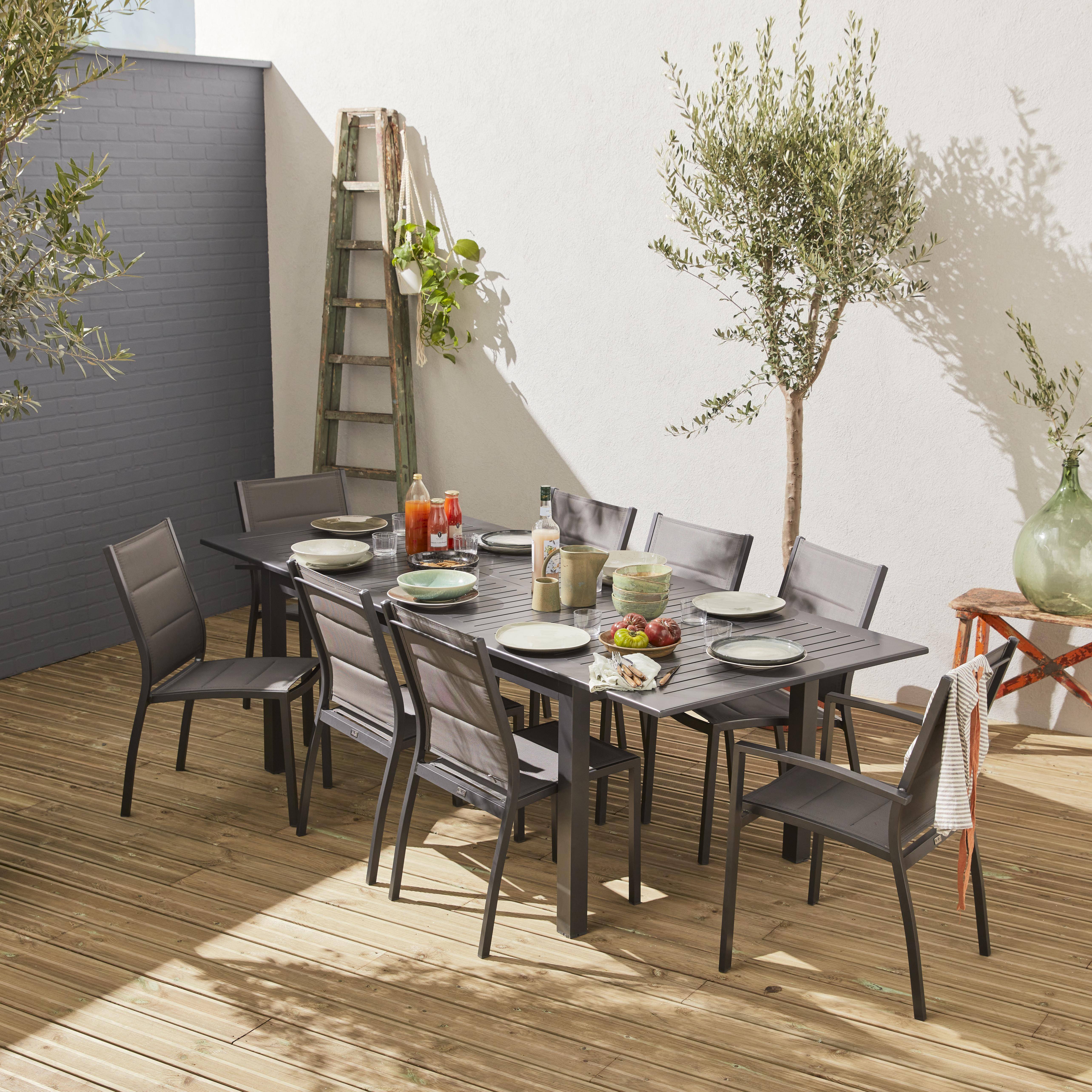 Ausziehbarer Tisch Gartengarnitur - Chicago Anthrazit/dunkelgrau - Aluminiumtisch 175/245 cm mit Verlängerung und 8 Sitzen aus Textilene Photo1