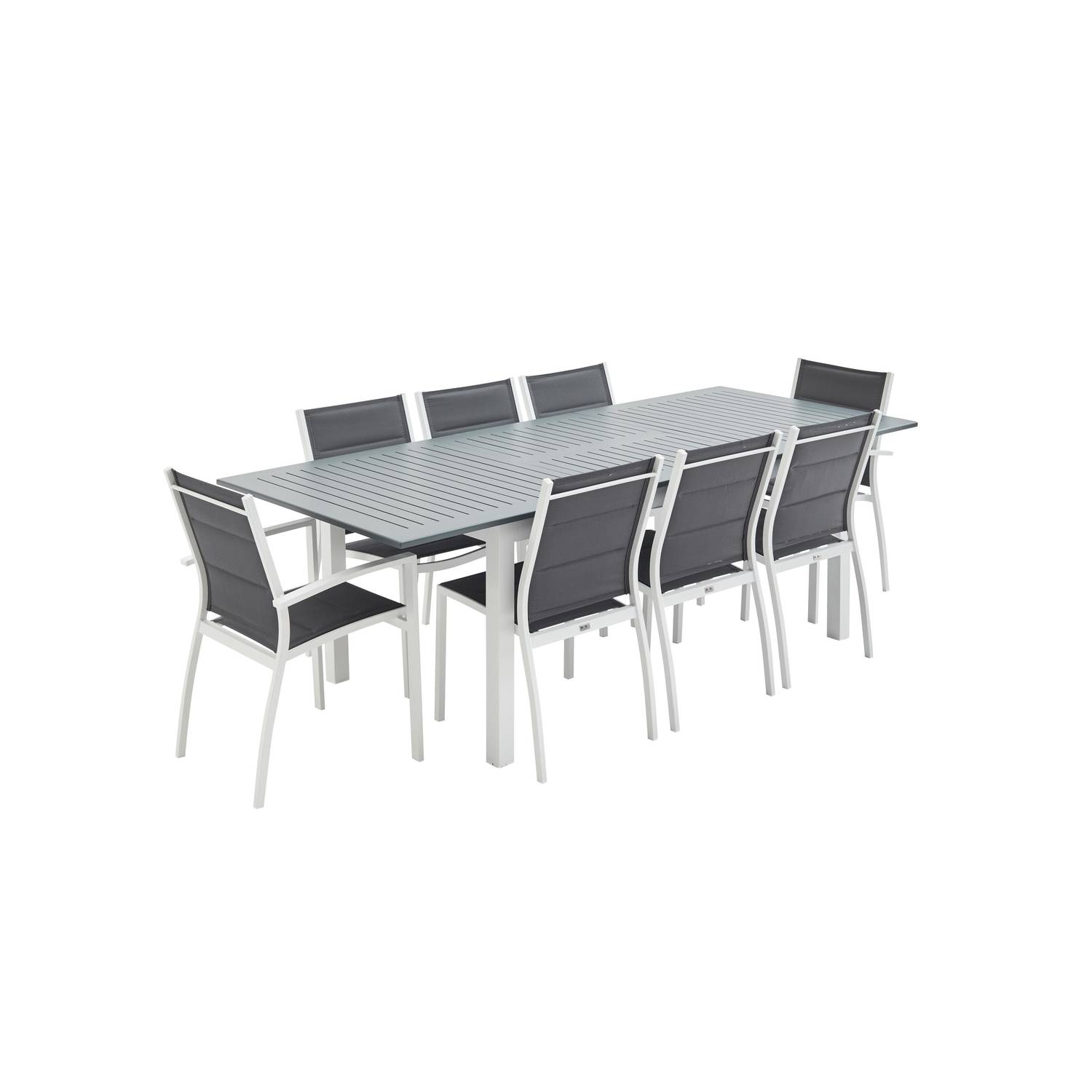 Ensemble Chicago, 1 table extensible, 2 fauteuils, 6 chaises en aluminium et textilène Photo2