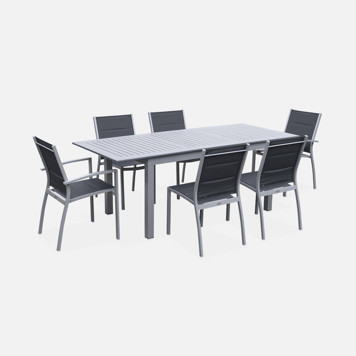 Set tavolo da giardino allungabile - modello: Chicago 210, colore: Grigio - Tavolo in alluminio, dimensioni: 150/210cm con prolunga e 6 sedute in textilene Photo1