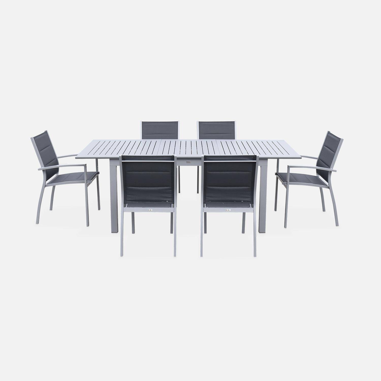 Ausziehbarer Tisch Gartengarnitur - Chicago 210 Grau - Aluminiumtisch 150/210 cm mit Verlängerung und 6 Sitzen aus Textilene Photo2