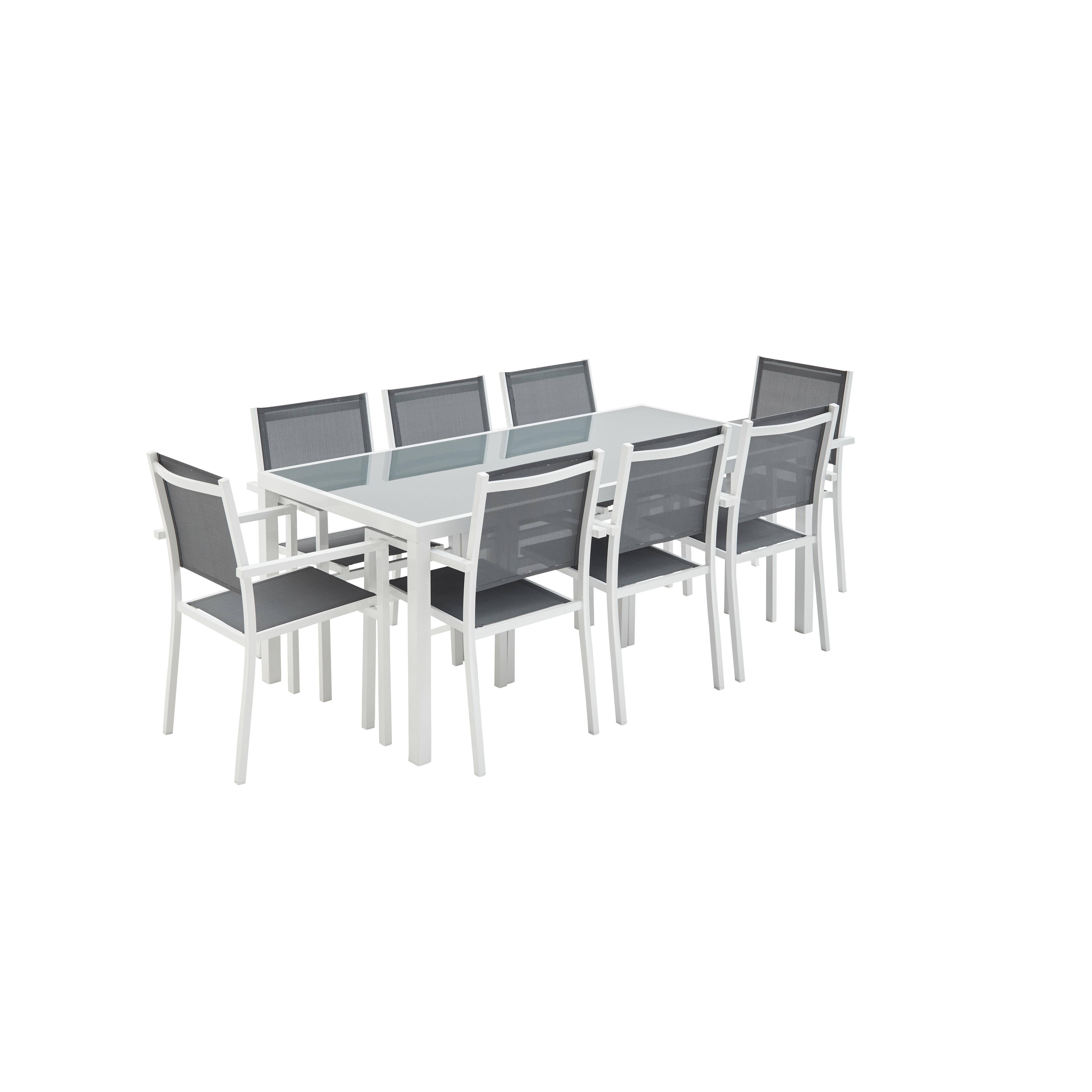 Gartengarnitur aus Aluminium und Textilene - Capua 180 cm - Weiß, Grau - 8 Plätze - 1 großer rechteckiger Tisch, 8 stapelbare Sessel Photo2