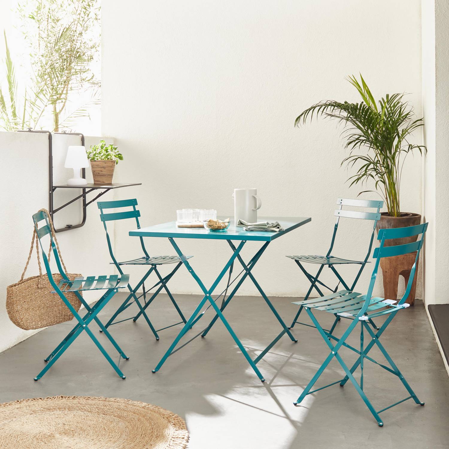 Mueble de jardín plegable para bistró - Emilia rectangular pato azul - Mesa rectangular 110x70cm con cuatro sillas plegables, acero pintado en polvo Photo1