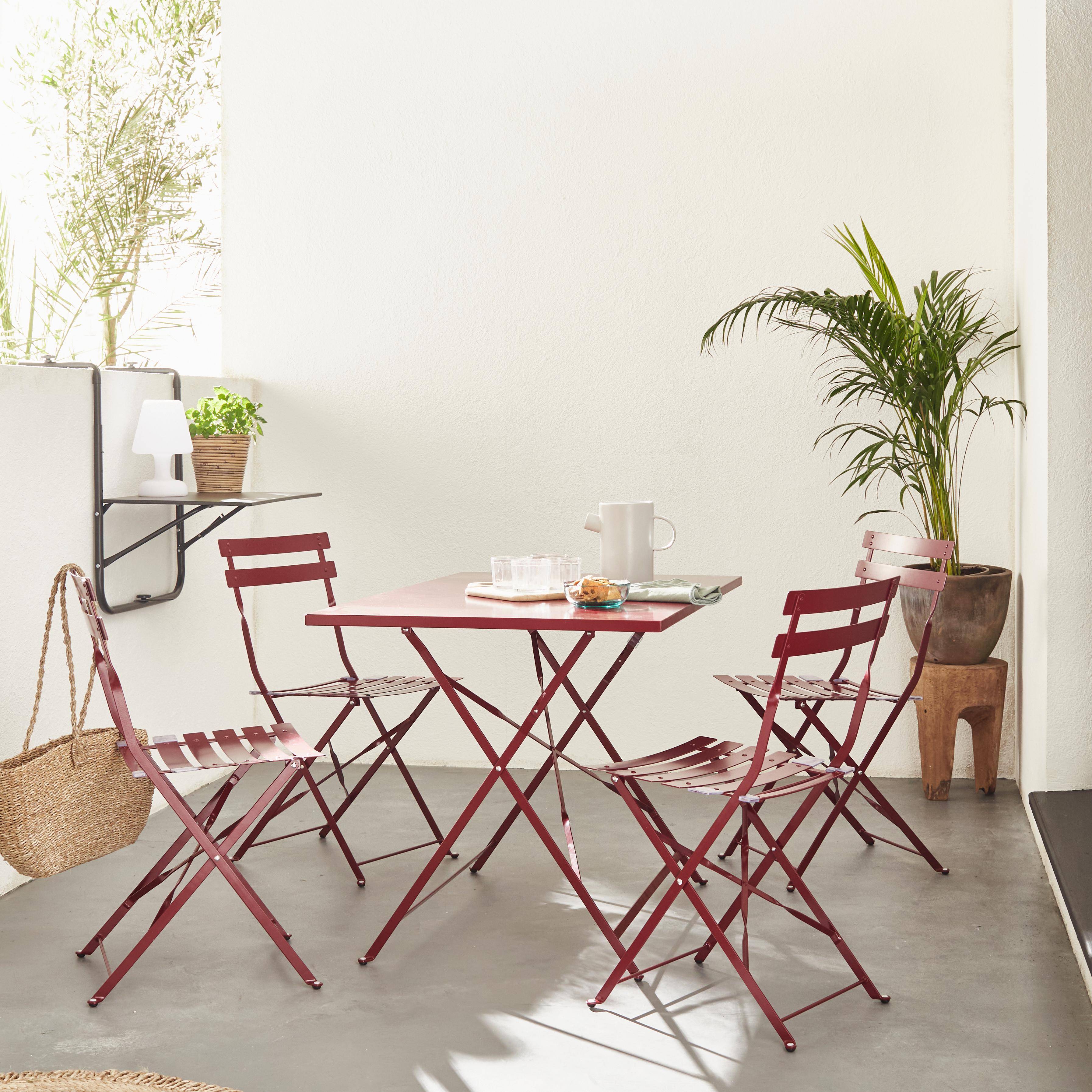 Tavolo da giardino, bar bistrot, pieghevole - modello: Emilia, rettangolare, colore: Bordeaux - Tavolo, dimensioni: 110x70cm, con quattro sedie pieghevoli, acciaio termolaccato Photo1