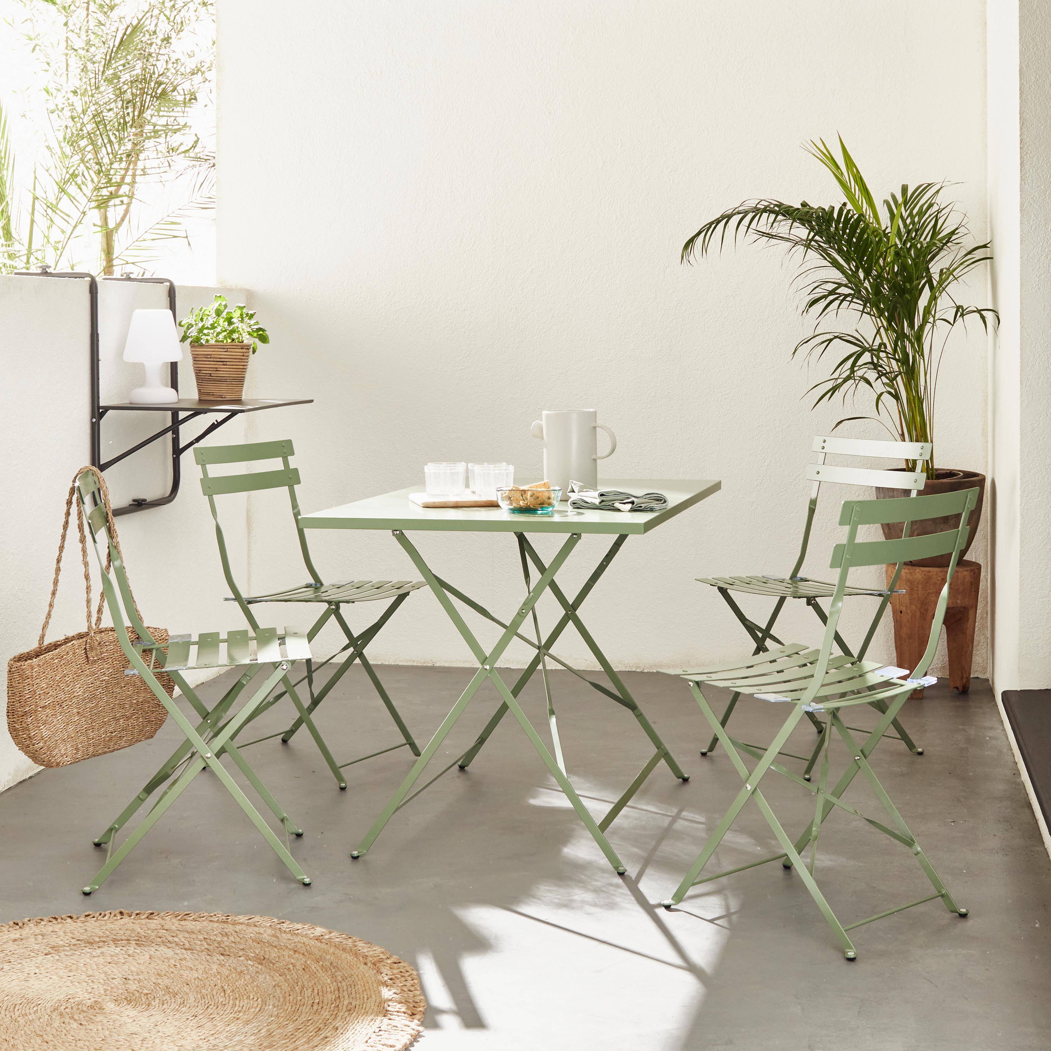 Salon de jardin bistrot pliable - Emilia rectangulaire vert de gris - Table 110x70cm avec quatre chaises pliantes, acier thermolaqué Photo1