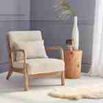 Fauteuil design en bois et tissu, 1 place droit fixe, pieds compas scandinave, structure en bois solide, assise confortable beige Photo1