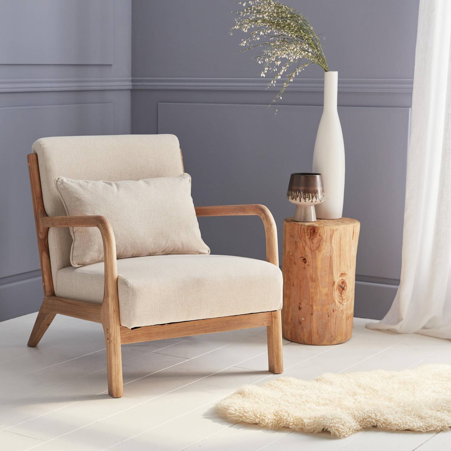 Fauteuil design en bois et tissu, 1 place droit fixe, pieds compas scandinave, structure en bois solide, assise confortable beige Photo1