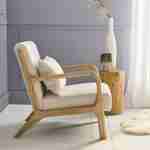 Sillón de diseño en madera y tela, 1 asiento recto fijo, patas de compás escandinavas, armazón de madera maciza, cómodo asiento beige Photo2