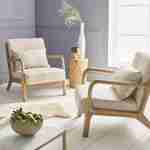 Sillón de diseño en madera y tela, 1 asiento recto fijo, patas de compás escandinavas, armazón de madera maciza, cómodo asiento beige Photo3