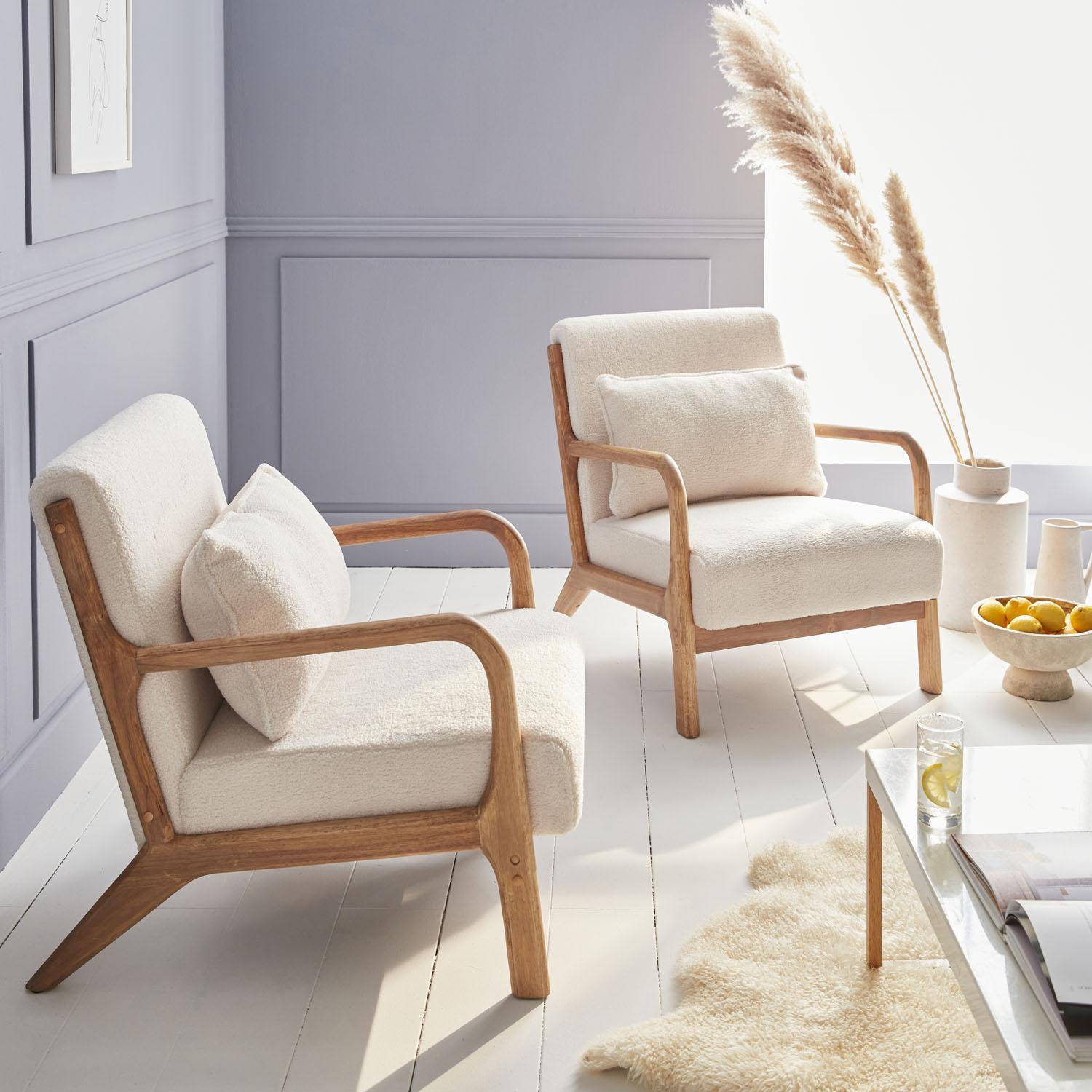 Weißer Sessel, Holz und Stoff, 1-Sitz, skandinavischer Stil, solides Holzgestell, bequeme Sitzfläche Photo2