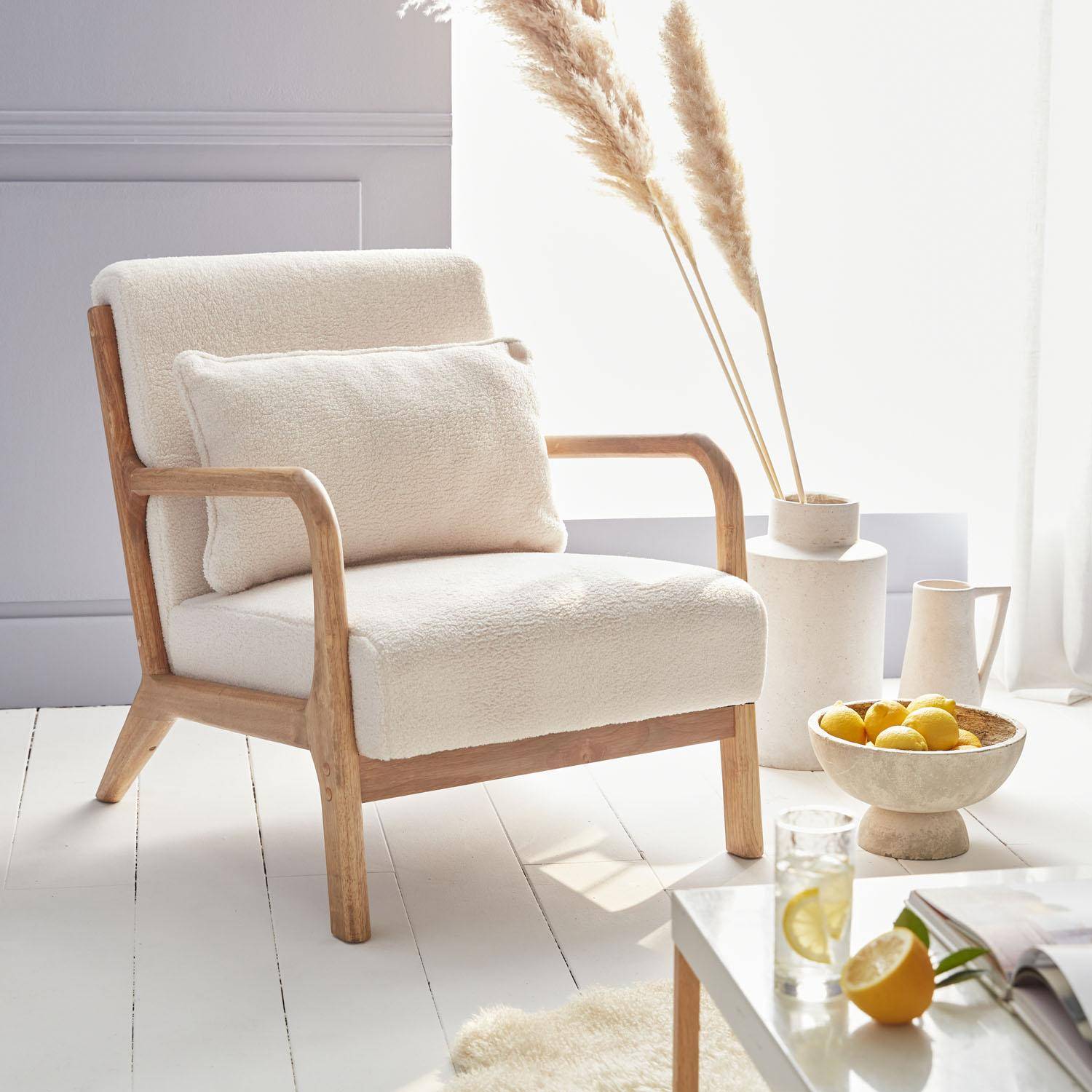 Weißer Sessel, Holz und Stoff, 1-Sitz, skandinavischer Stil, solides Holzgestell, bequeme Sitzfläche Photo1