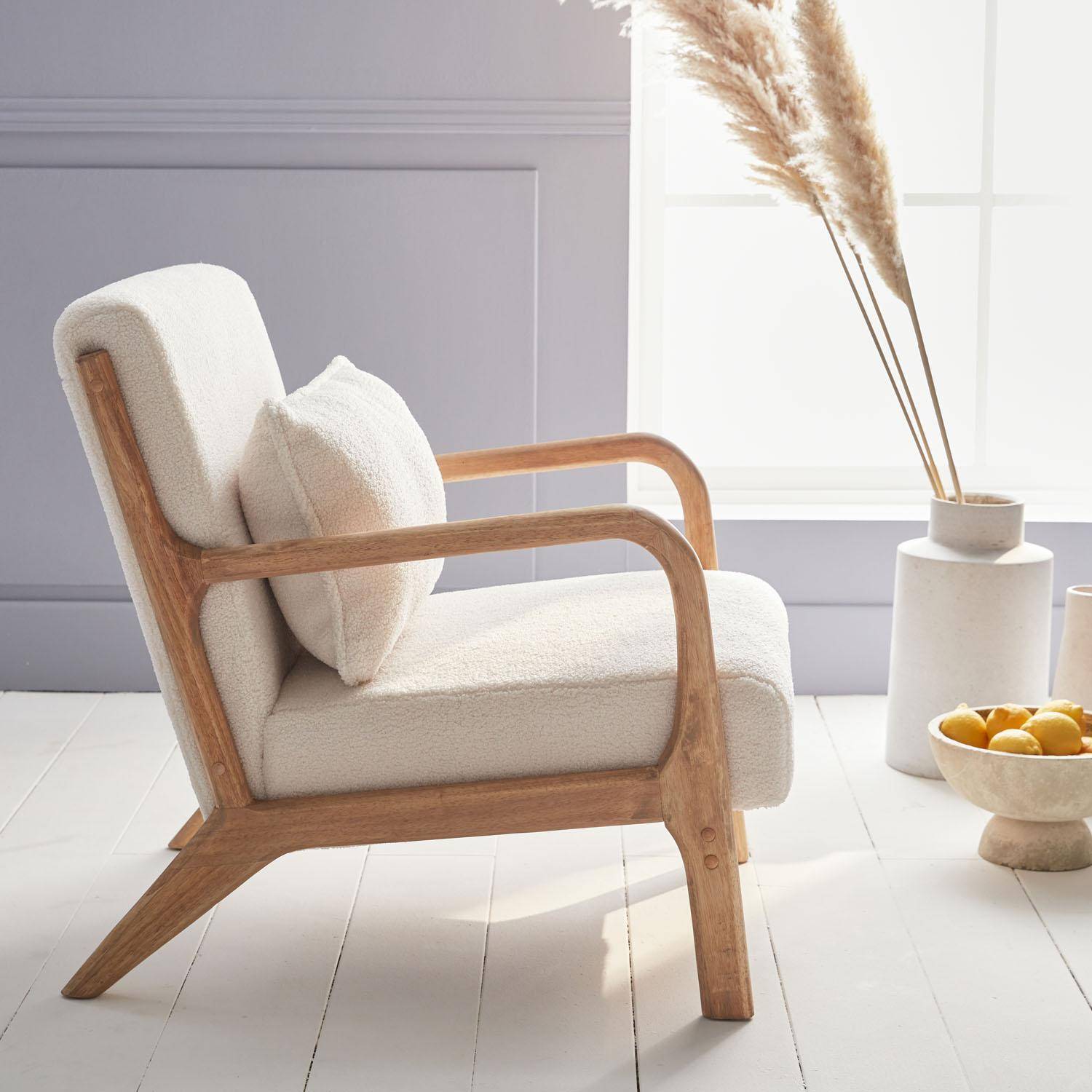 Weißer Sessel, Holz und Stoff, 1-Sitz, skandinavischer Stil, solides Holzgestell, bequeme Sitzfläche Photo3