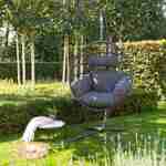 Hangstoel van zwart touw en grijs kussen met standaard, ronde retrozitting, hangei Photo1