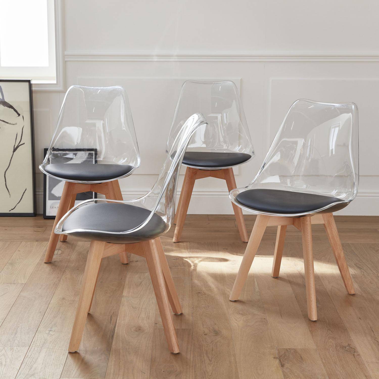 Juego de 4 sillas escandinavas - Lagertha - patas de madera, asientos individuales, cojín negro, carcasa transparente  Photo2