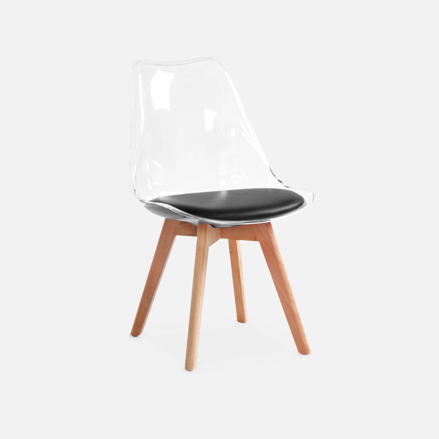 Lot de 4 chaises scandinaves - Lagertha - pieds bois, fauteuils 1 place, coussin noir, coque transparente  Photo6