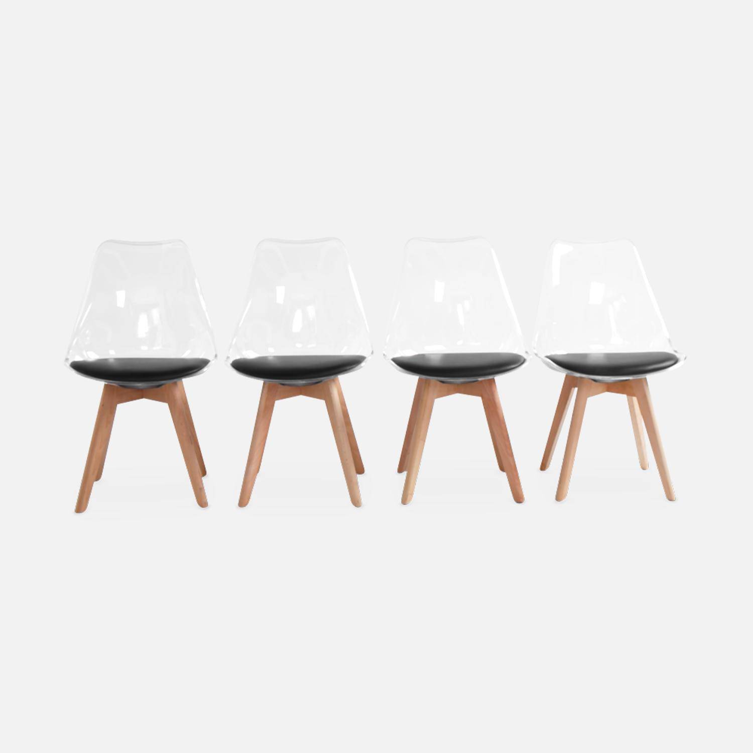 Lot de 4 chaises scandinaves - Lagertha - pieds bois, fauteuils 1 place, coussin noir, coque transparente  Photo4