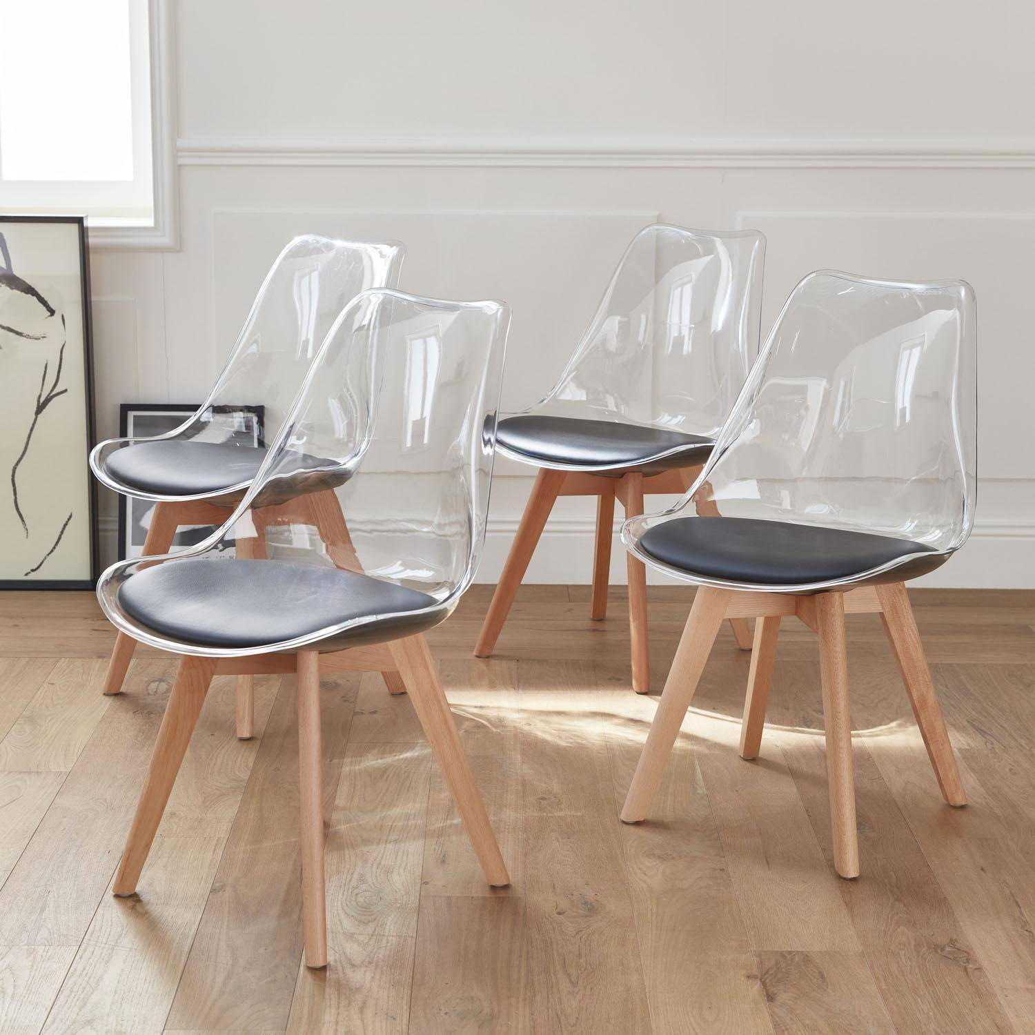 Lot de 4 chaises scandinaves - Lagertha - pieds bois, fauteuils 1 place, coussin noir, coque transparente  Photo1