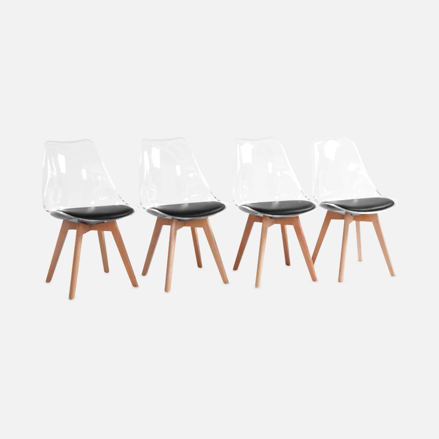 Lot de 4 chaises scandinaves - Lagertha - pieds bois, fauteuils 1 place, coussin noir, coque transparente  Photo3
