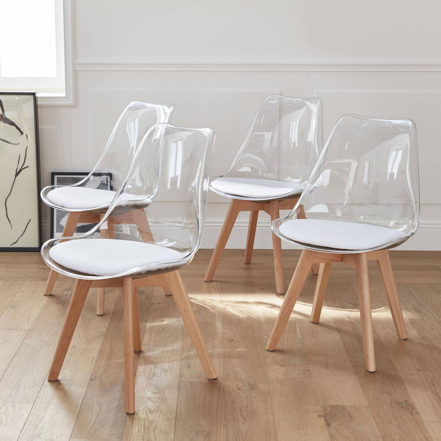 Juego de 4 sillas escandinavas - Lagertha - patas de madera, asientos individuales, cojín blanco, carcasa transparente  Photo2