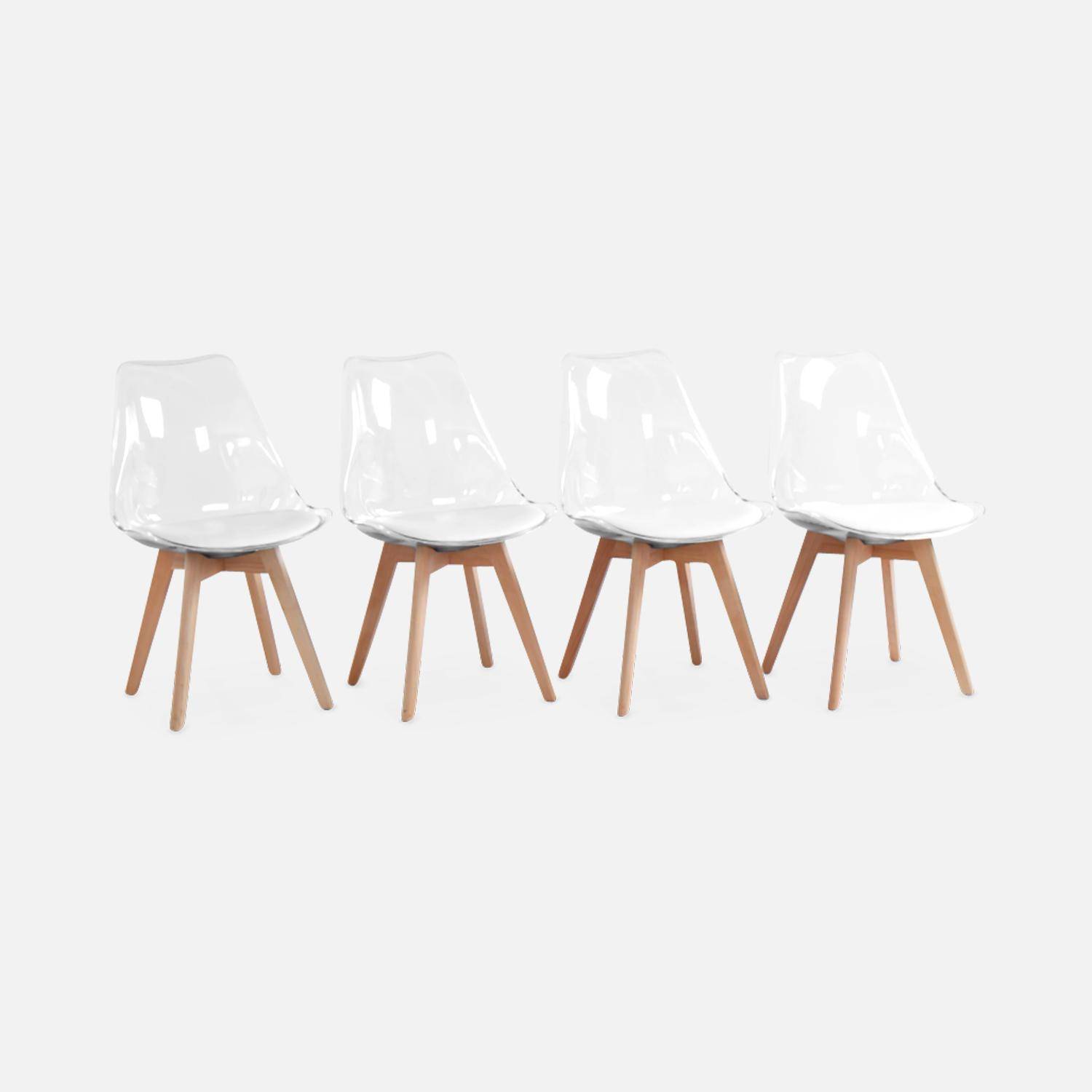 Lot de 4 chaises scandinaves - Lagertha - pieds bois, fauteuils 1 place, coussin blanc, coque transparente  Photo3