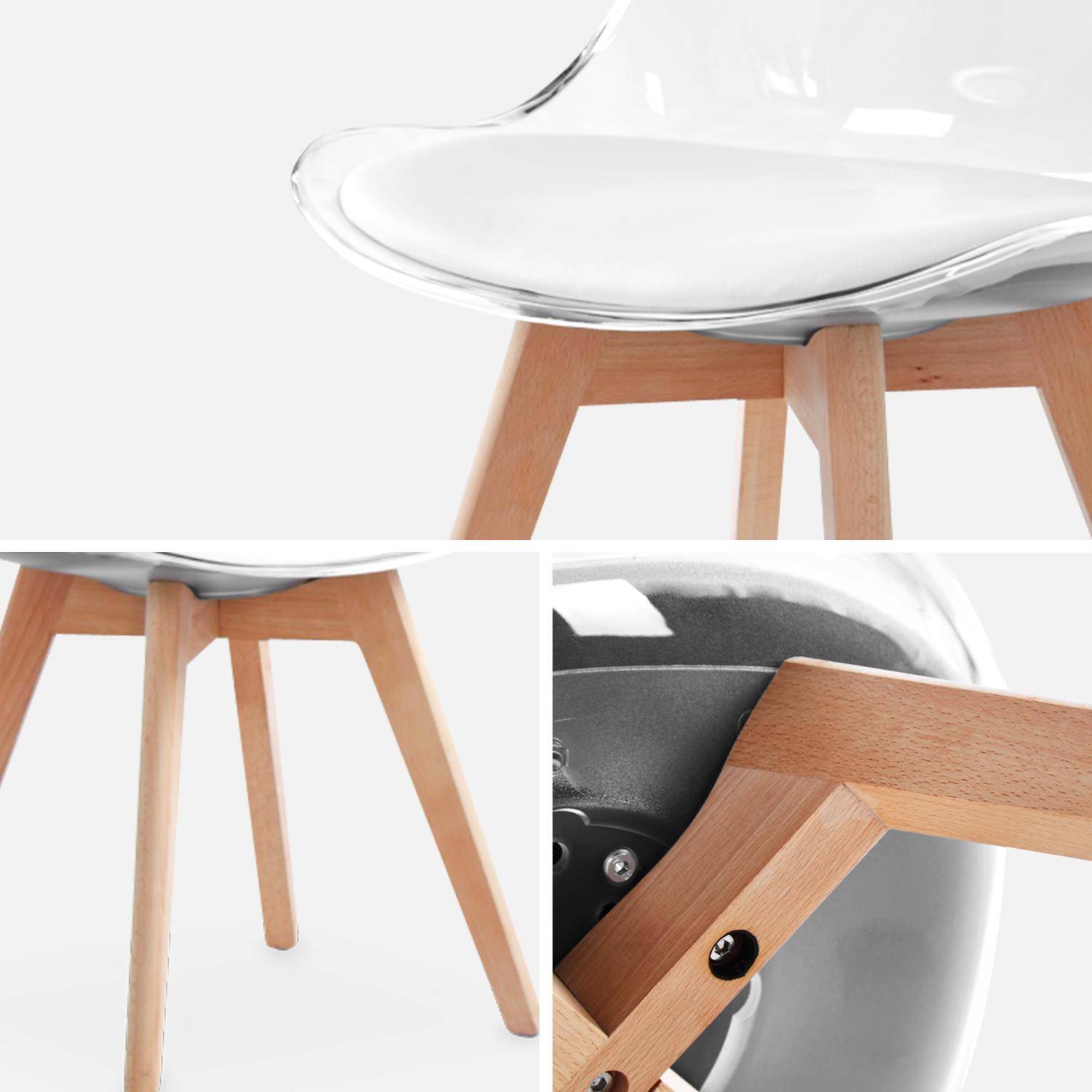 Lot de 4 chaises scandinaves - Lagertha - pieds bois, fauteuils 1 place, coussin blanc, coque transparente  Photo6
