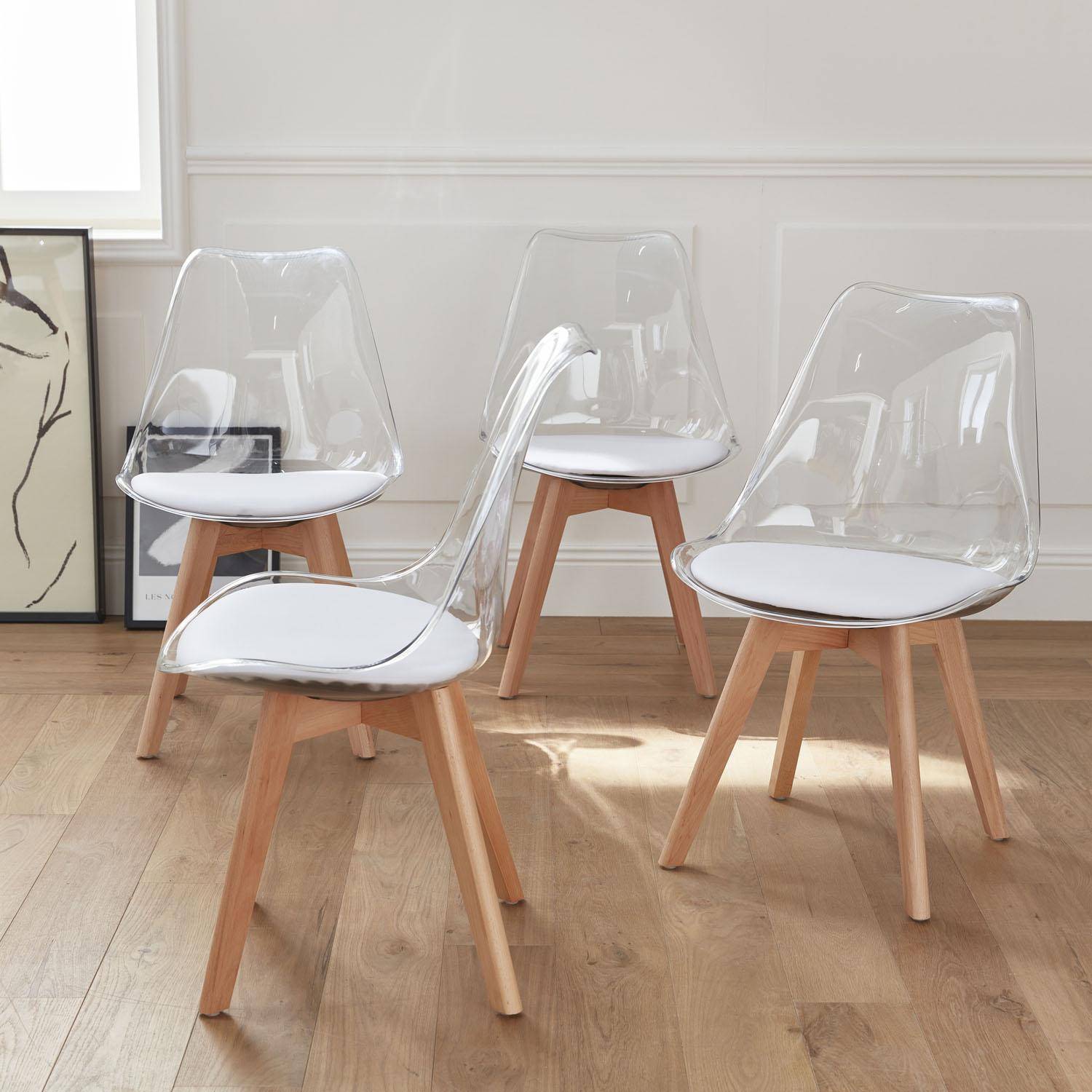 Lot de 4 chaises scandinaves - Lagertha - pieds bois, fauteuils 1 place, coussin blanc, coque transparente  Photo1