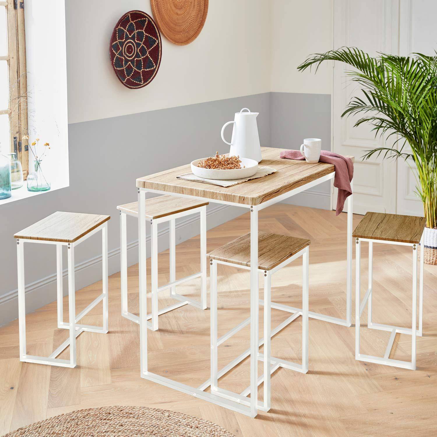 Set table haute rectangulaire LOFT avec 4 tabourets de bar, acier et décor bois, encastrable, design Photo1