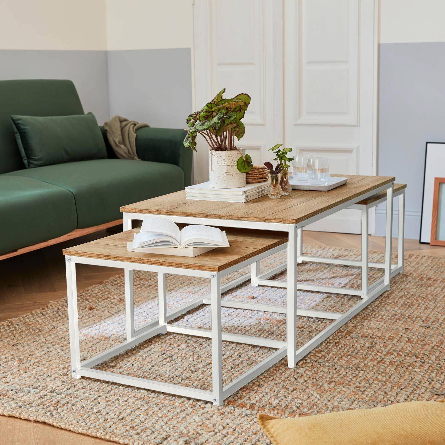 Lot de 3 tables gigognes métal blanc mat, décor bois - Loft - encastrables, 1x100x60x45cm / 2x50x50x38cm Photo1