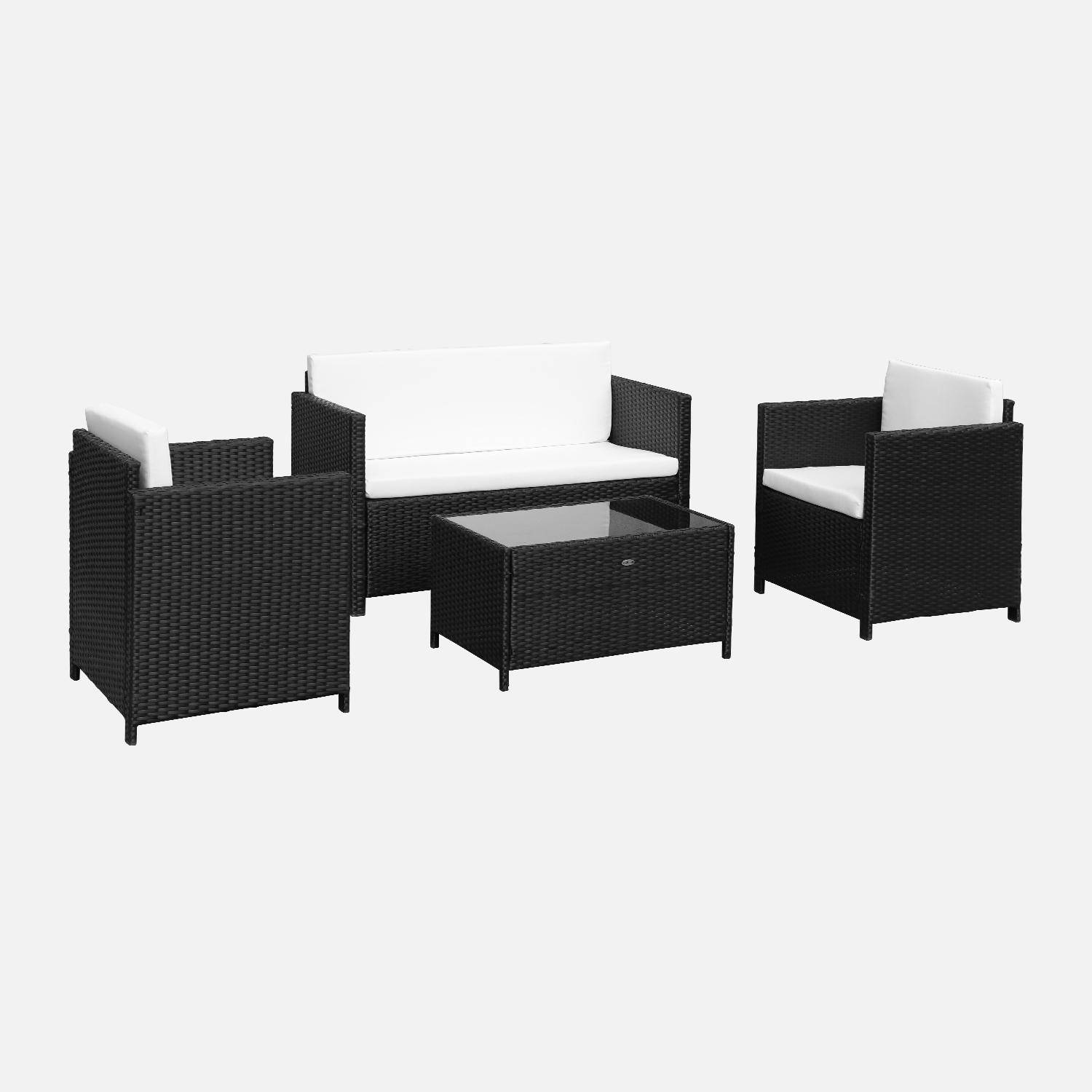 Wicker loungeset - 4 plaatsen - 1 bank, 2 fauteuils, een lage tafel, zwart/ecru Photo2