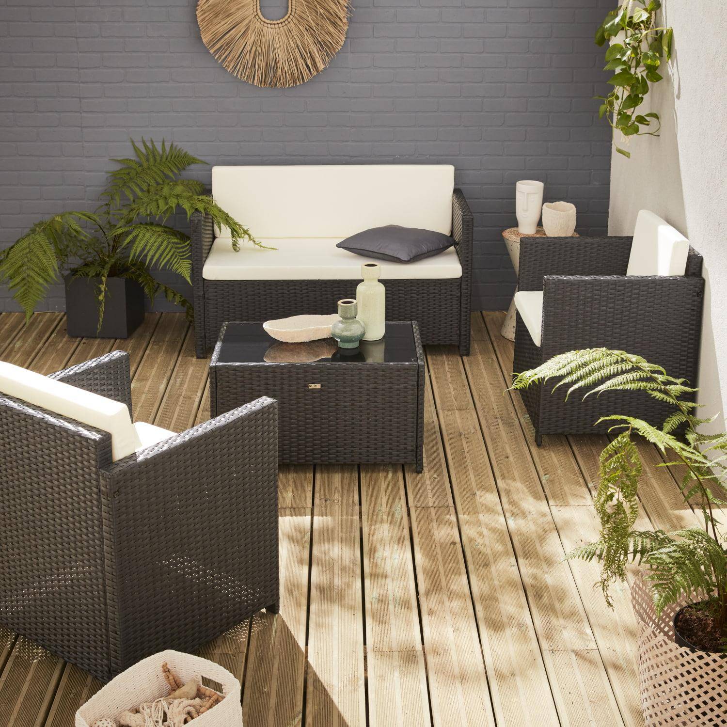 Gartengarnitur aus Kunststoffrattan - Perugia - Schwarz, ecrufarbene Kissen - 4 Plätze - 1 Sofa, 2 Sessel, ein Couchtisch Photo1