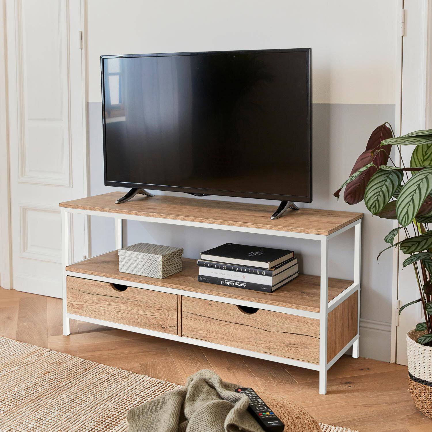 Meuble TV en décor bois et métal blanc mat 120x39x57cm - Loft - avec 2 tiroirs  Photo1